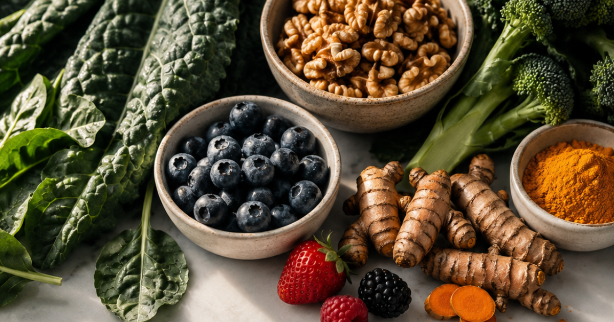 Nutrient-dense whole foods on a clean surface representing epigenetic signaling through diet