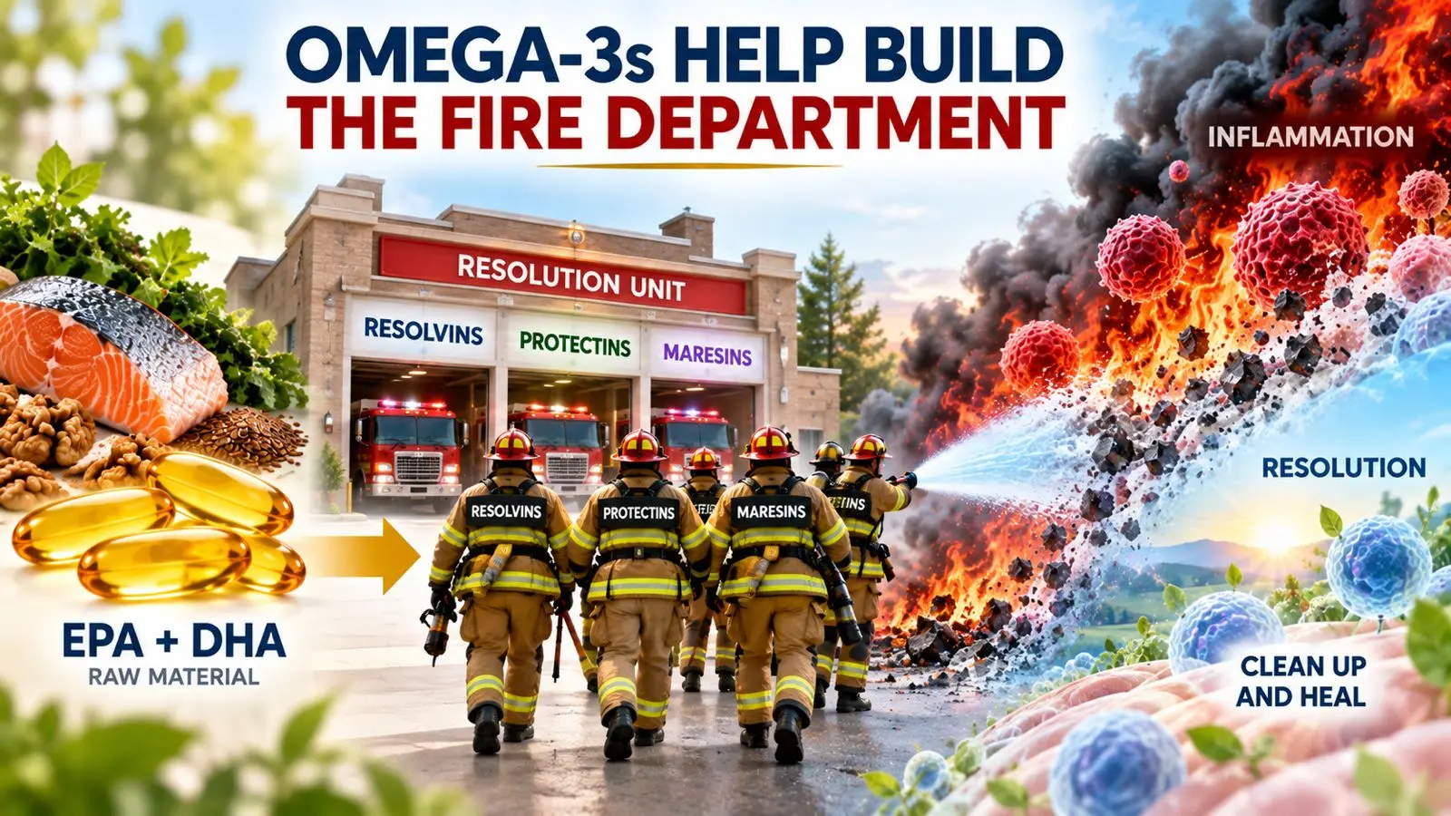 Omega-3s help build the fire department. EPA and DHA are the raw material. Your body converts them into resolvins, protectins, and maresins, which actively resolve inflammation and clean up damaged tissue.
